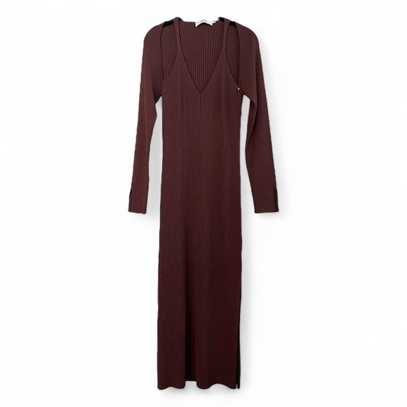ASTR The Label | Brown Ribbed Knit Long Sleeve Maxi Bodycon Cut Out Dress M - Picture 4 of 10